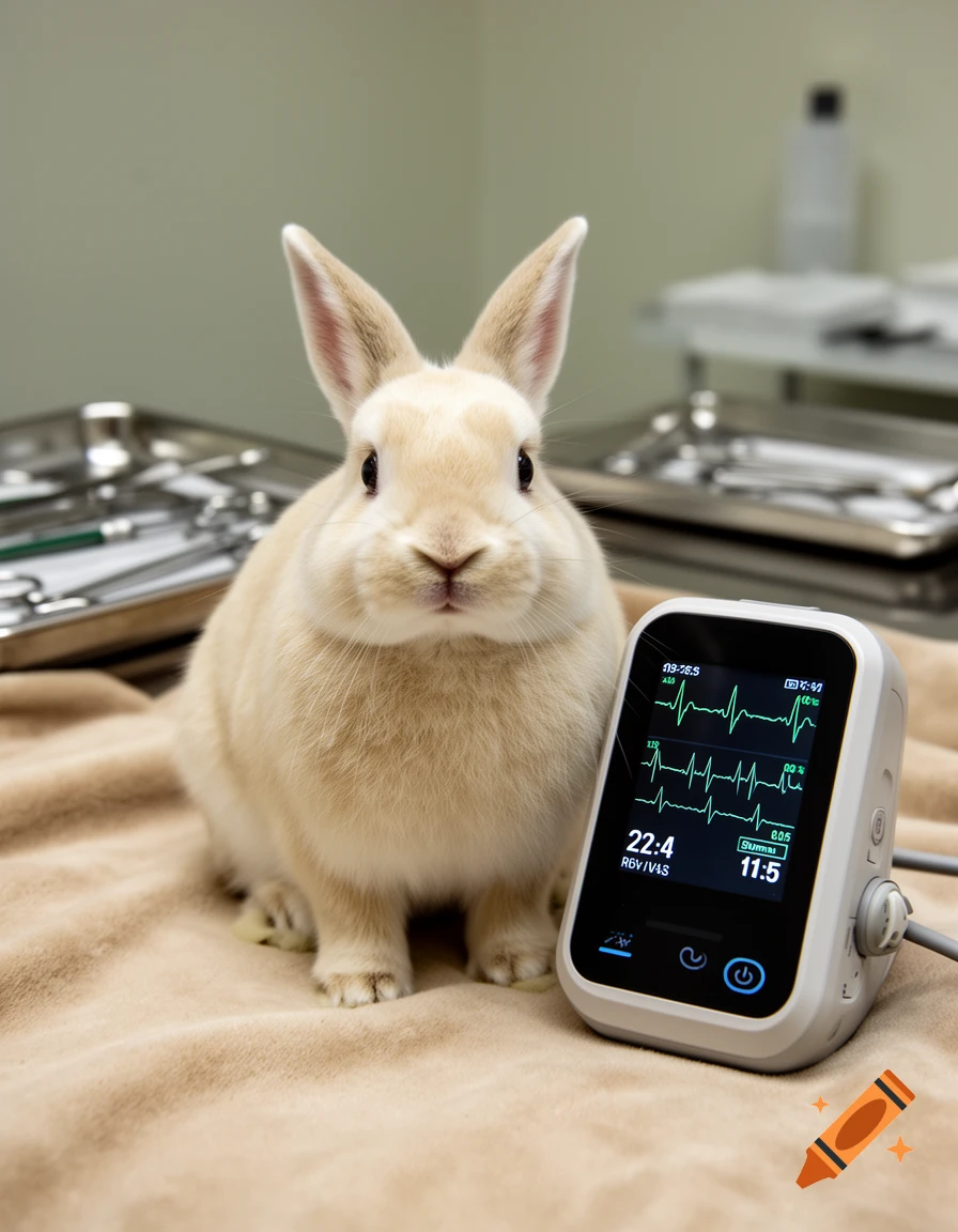 A photorealistic light brown rabbit sitting next to a medical monitor displaying heart rate waveforms.