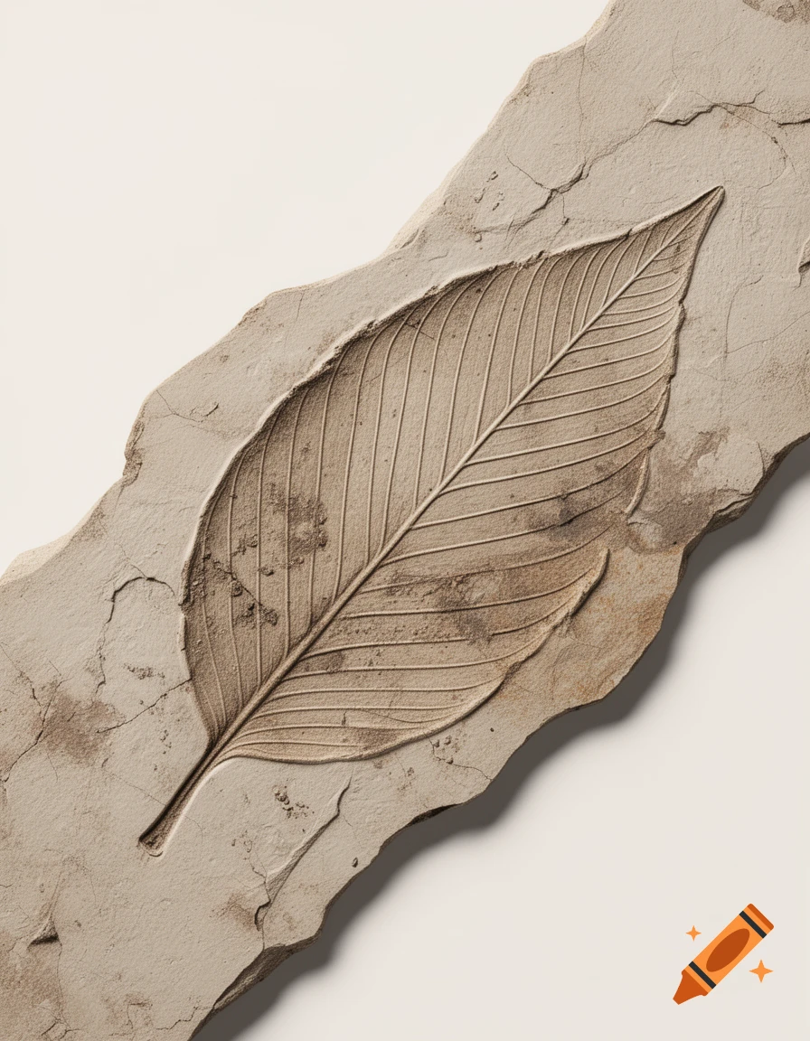 Fossilized leaf imprint on a slab of stone, diagonal composition, minimalist style.