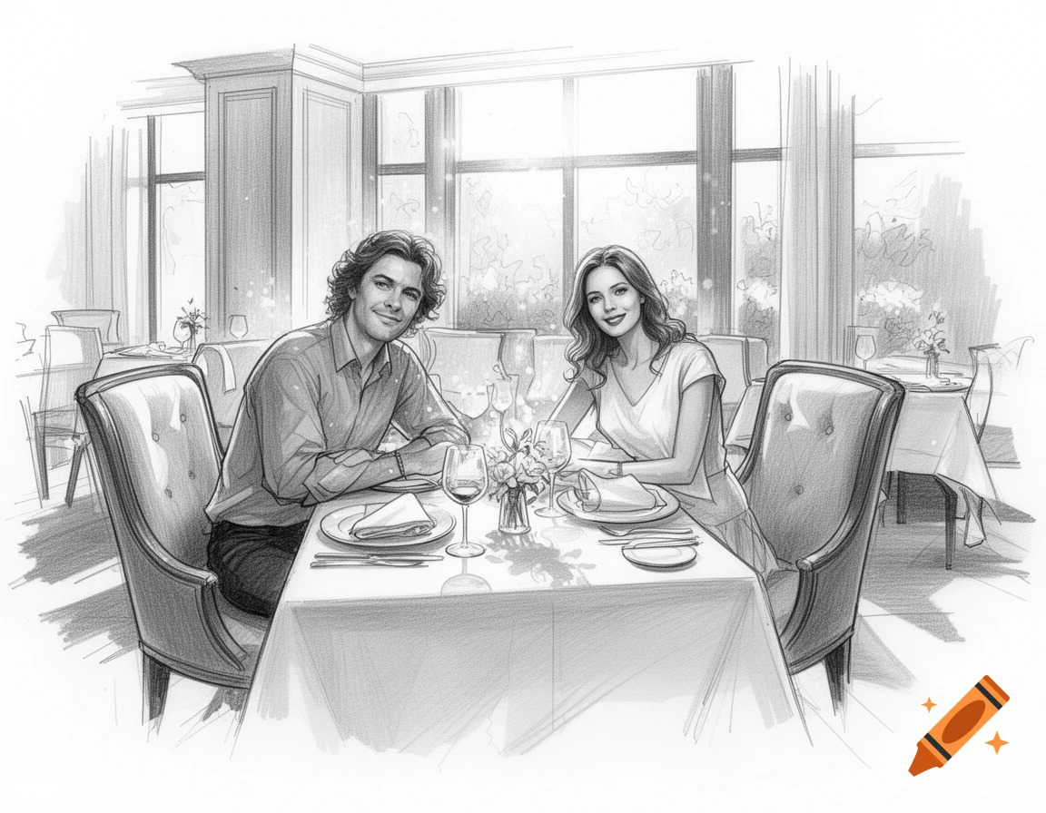 Black and white sketch drawing of a smiling man and woman sitting at a table in a nice restaurant with a sunny window background.