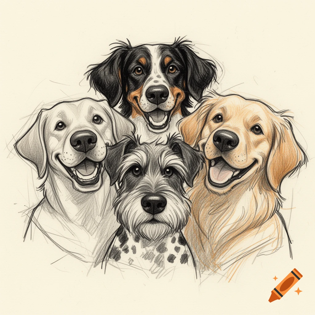 Pencil sketch of four smiling dogs close together: a Labrador, Schnauzer, Münsterländer, and Golden Retriever.
