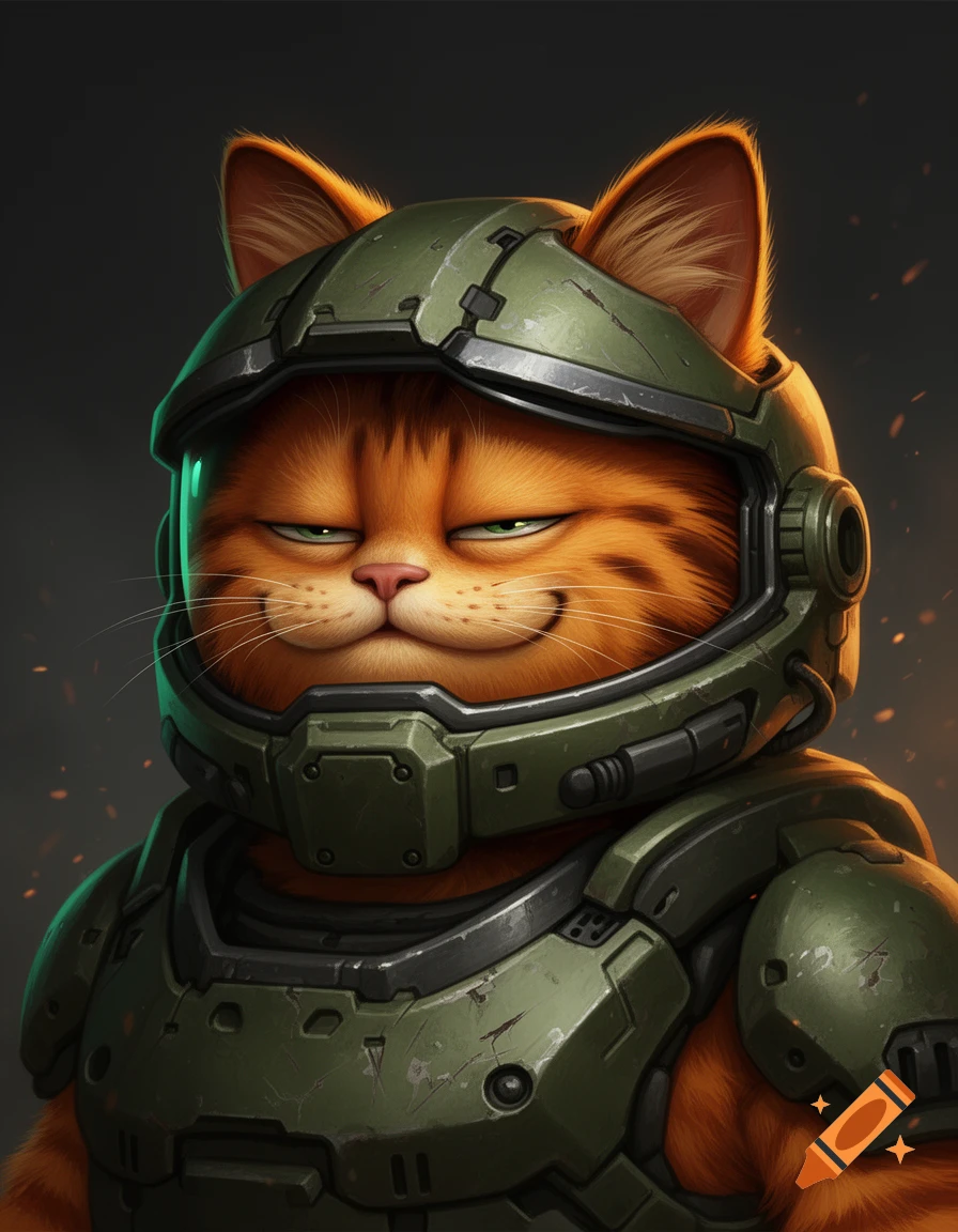 Portrait of Garfield the orange cat wearing a green futuristic space helmet and armor.