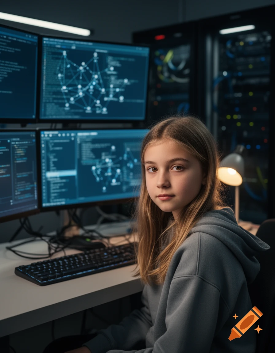 Photorealistic portrait of a young girl with blonde hair sitting in front of multiple computer monitors displaying code in a dark room.