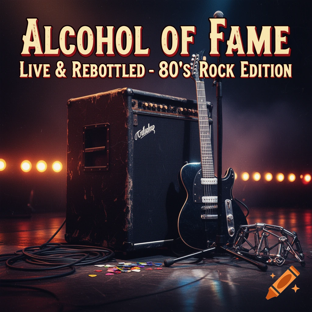 An 80's rock album cover with text reading 'Alcohol of Fame Live & Rebottled - 80's Rock Edition' featuring an amplifier, electric guitar, and guitar picks.