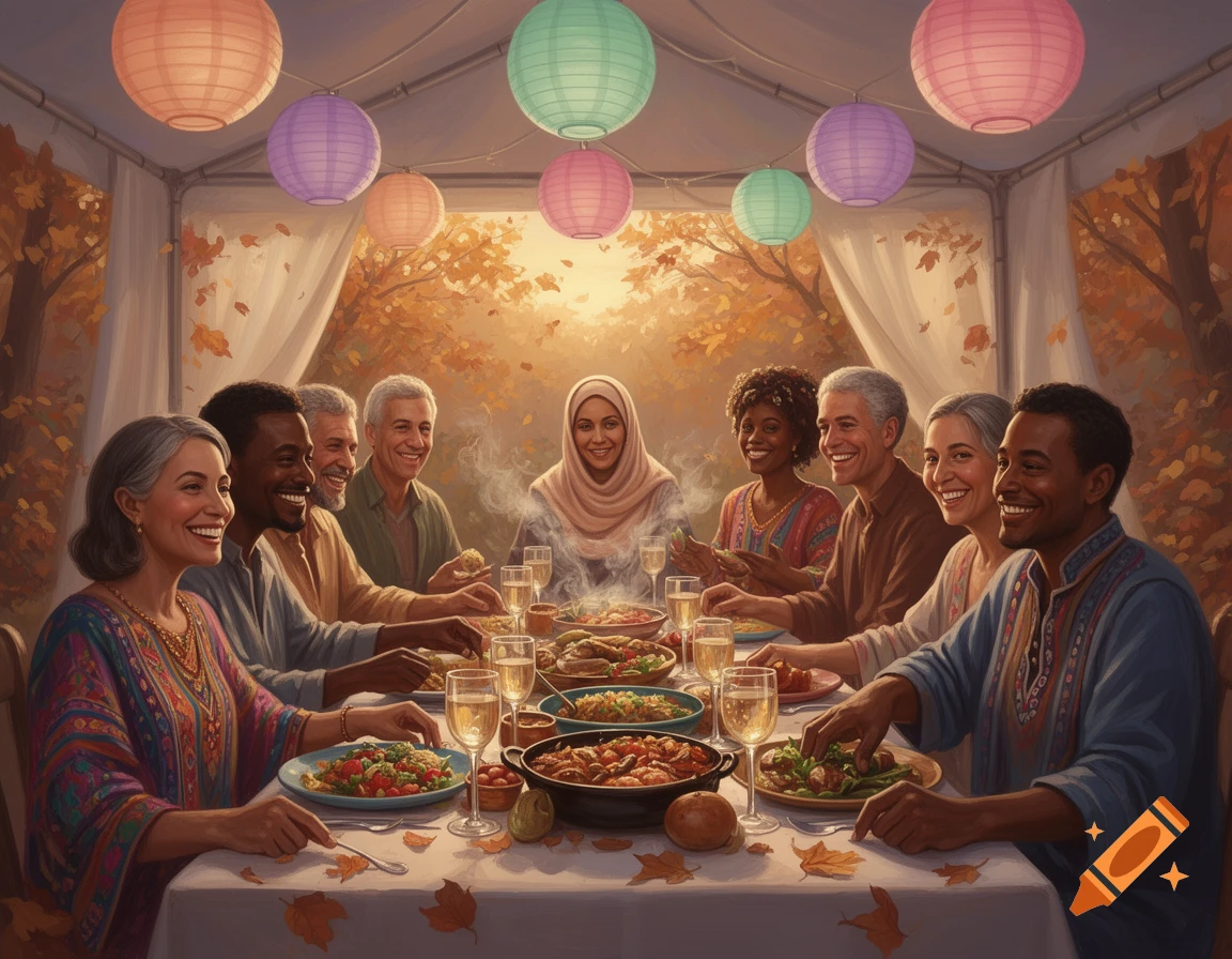 Diverse group of people smiling and dining together under a tent with colorful lanterns and autumn foliage in the background.