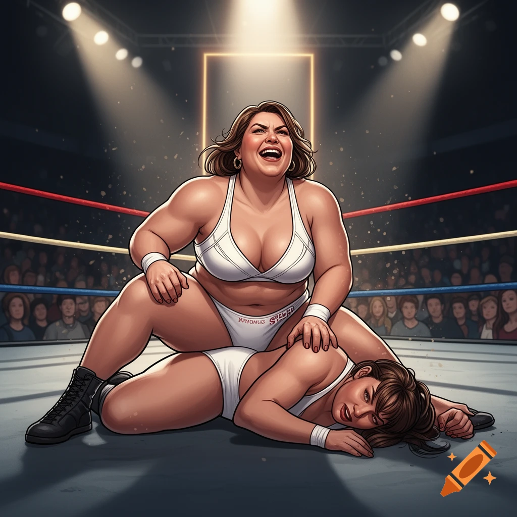 An illustration of a plus-size female wrestler sitting triumphantly on top of her defeated opponent in a wrestling ring.