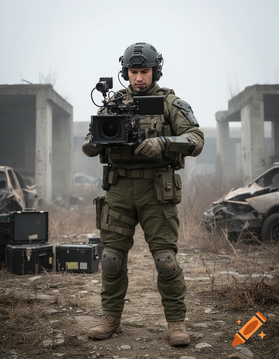 Photorealistic image of a tactical videographer in military gear and helmet holding a professional camera in a ruined setting.