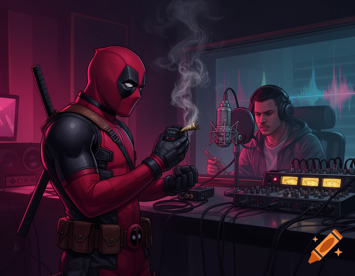 Deadpool holding a smoking joint in a recording studio, with an artist in a vocal booth in the background, comic book style.