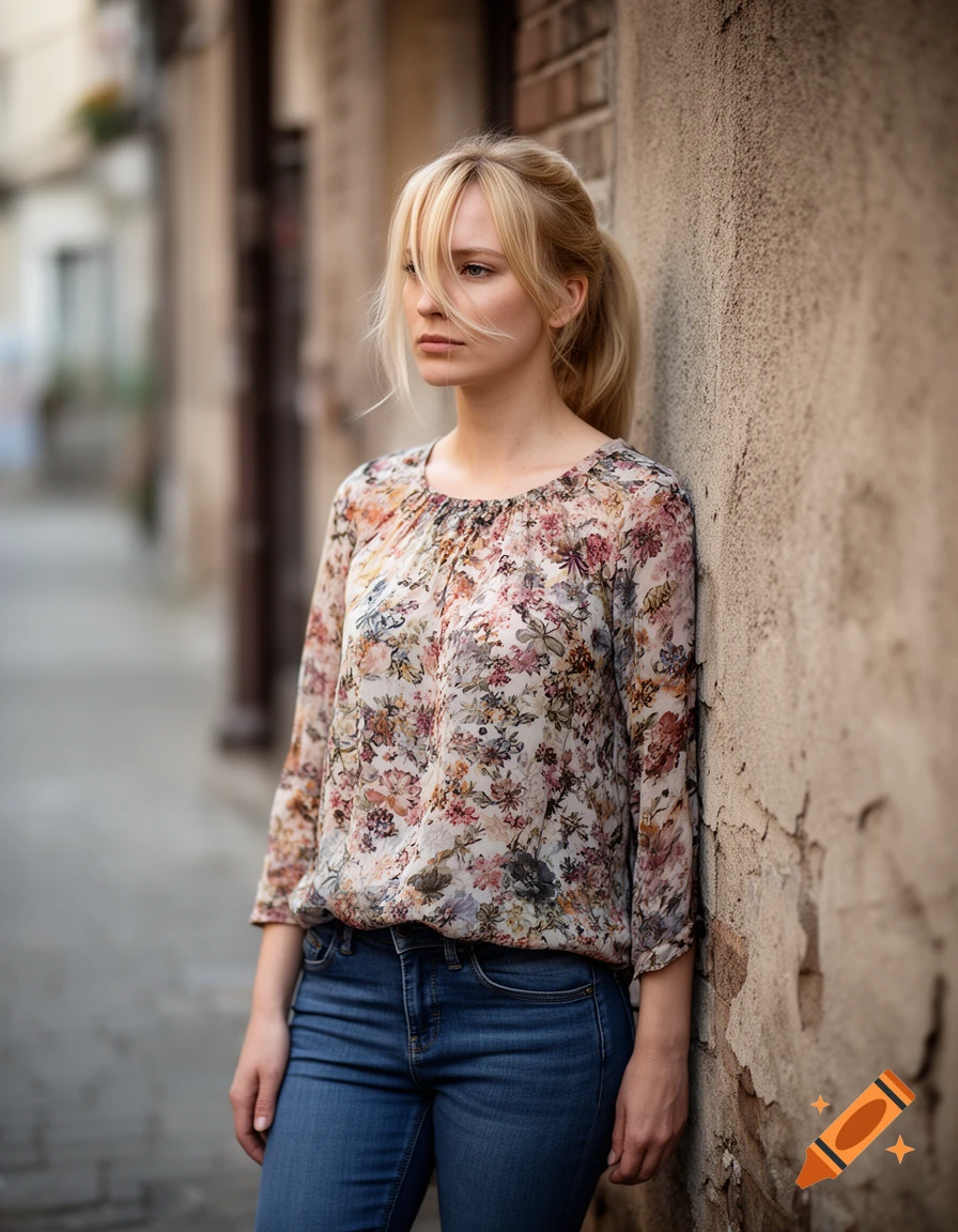 Photorealistic portrait of a 30-year-old blonde woman in a floral blouse and blue jeans leaning against an outdoor stone wall.