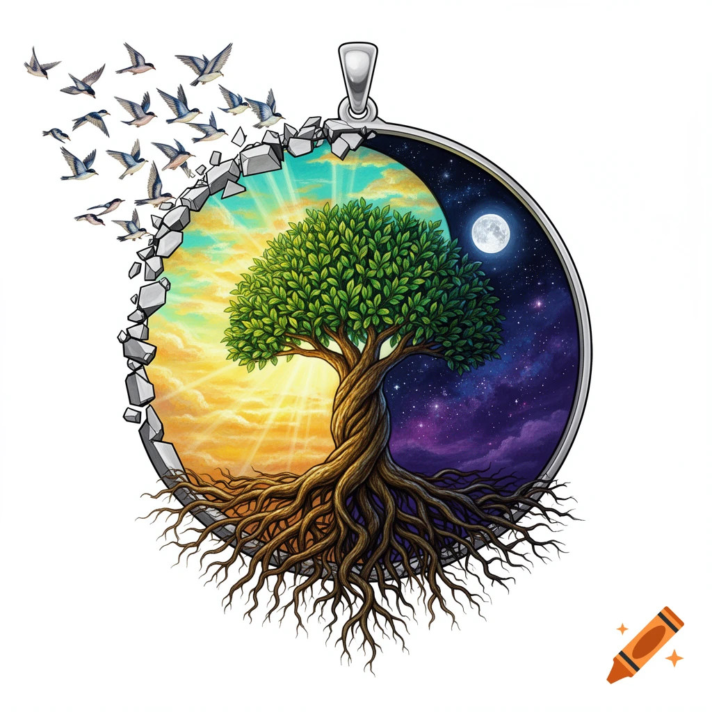 A circular Yin-Yang pendant art featuring a vibrant day and dark night sky with a living green tree, breaking bounds with roots and a flock of birds.