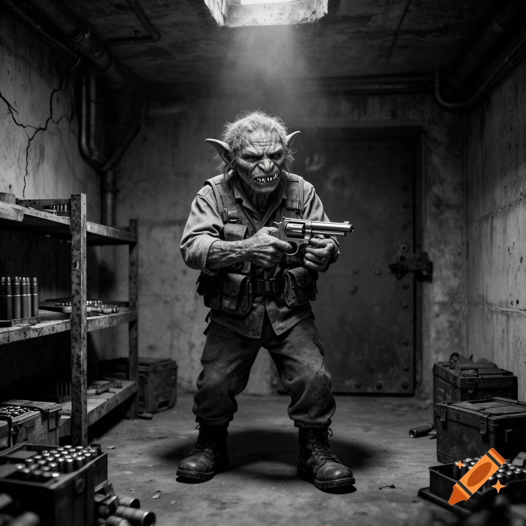 Black and white photo of a goblin in a military vest holding a revolver inside a concrete bunker.