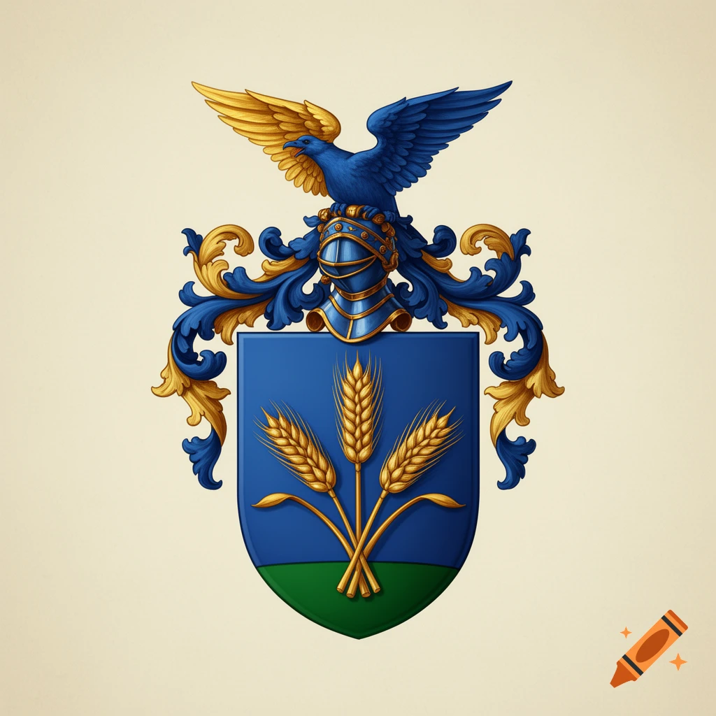 Classic heraldic coat of arms featuring a blue shield with three golden wheat stalks, a knight helmet, and a blue-and-gold bird.