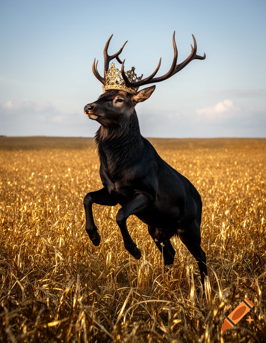 Photorealistic image of a majestic black stag wearing a golden crown, rearing in a field of glowing gold grass under a blue sky.