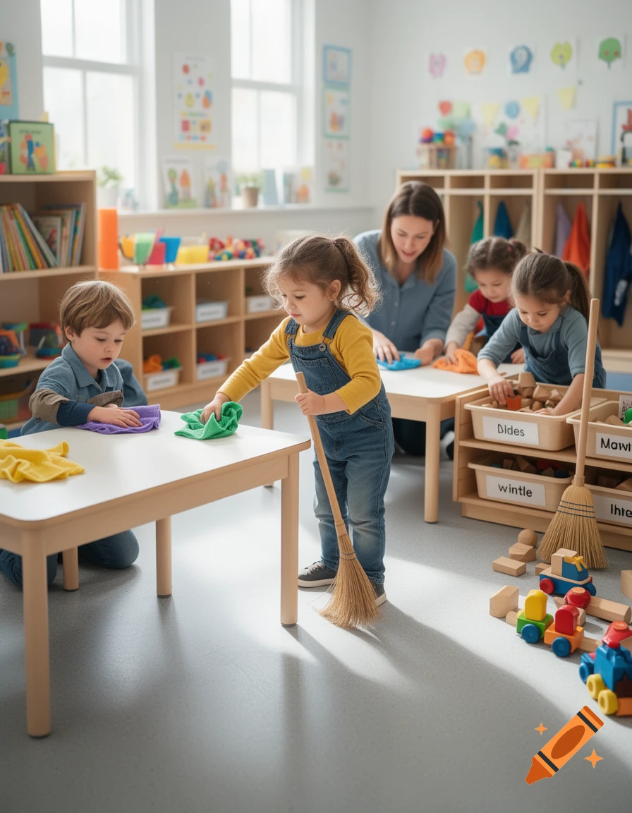 Photorealistic image of children in a preschool classroom cleaning tables and floors.