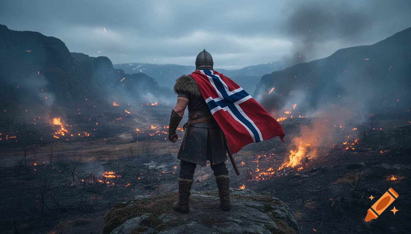 A Viking warrior in armor and a helmet, wearing a Norwegian flag as a cape, standing on a cliff overlooking a burning valley.