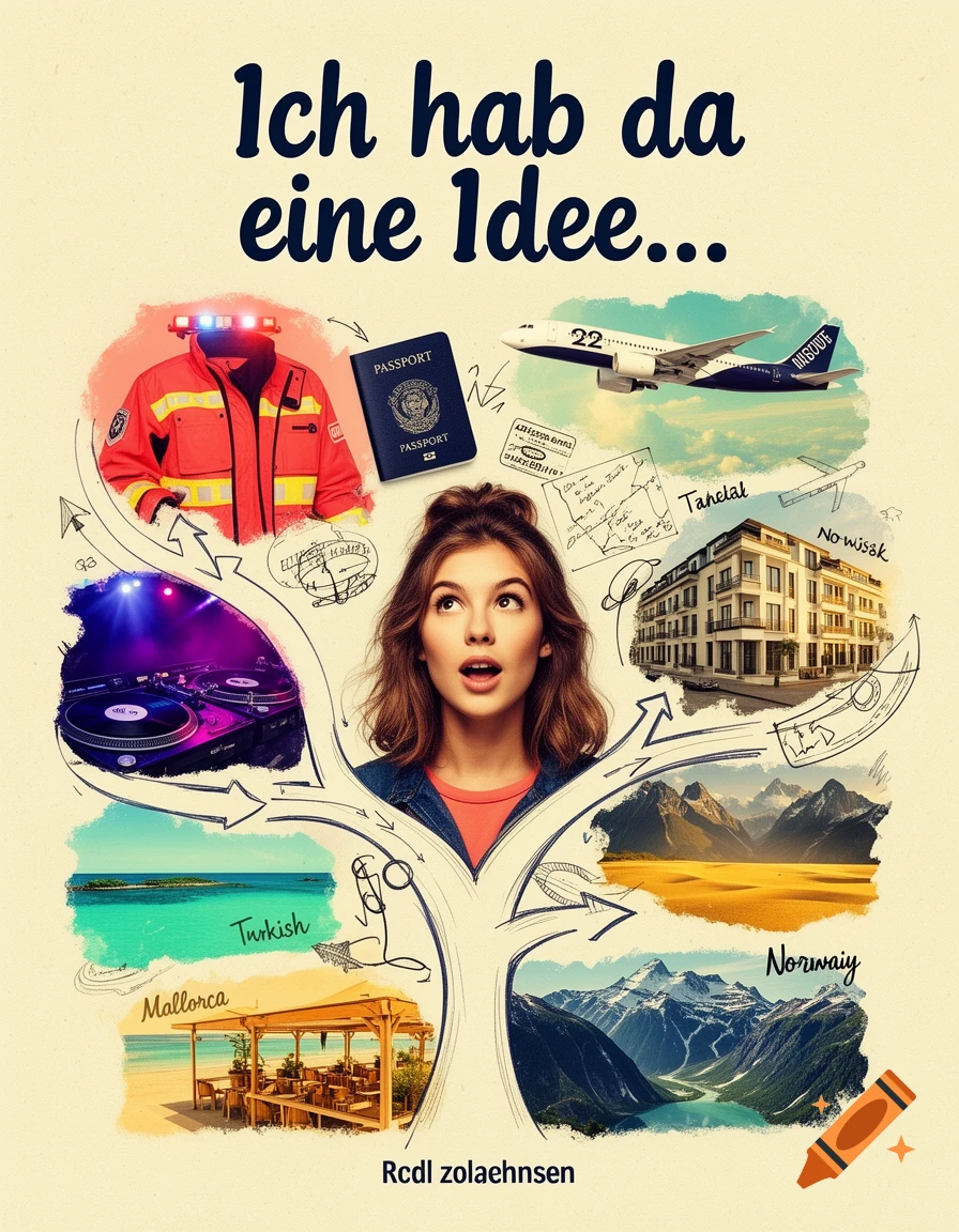 A book cover illustration showing a young woman surrounded by illustrated life goals including travel, emergency services, and real estate.