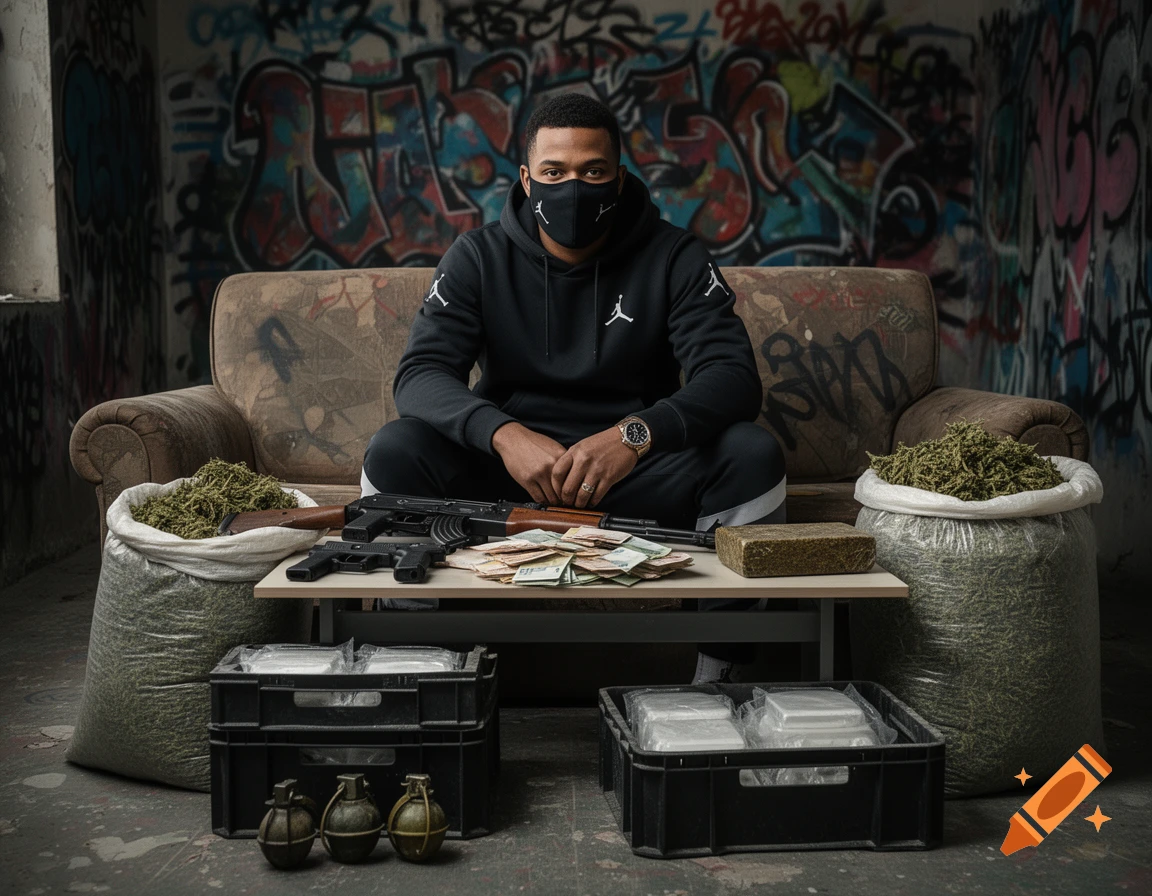 Photorealistic portrait of a masked man sitting on a graffiti-covered couch surrounded by weapons, cash, and bags of marijuana.
