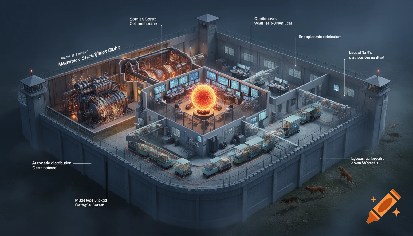 Detailed cross-section digital illustration of a prison complex acting as a biological cell analogy.