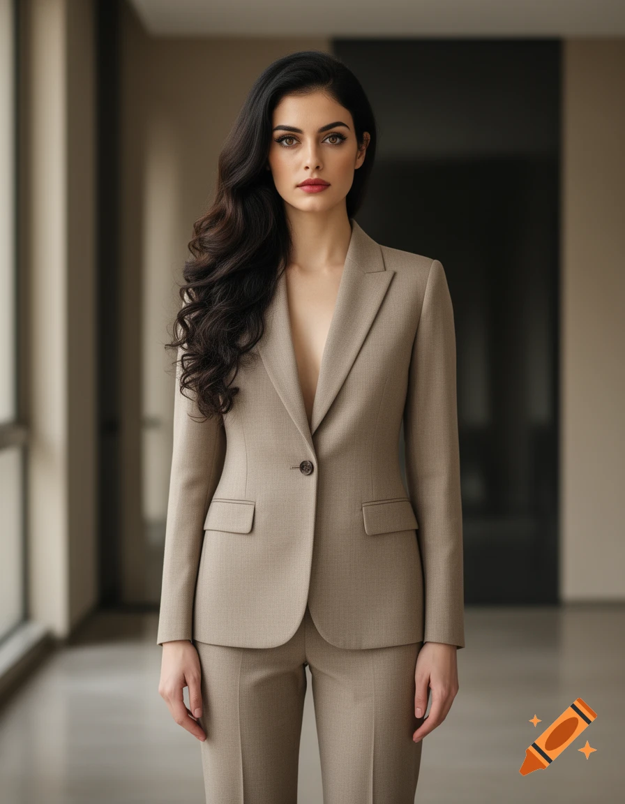 Photorealistic portrait of a young woman with dark hair wearing a tailored beige suit.