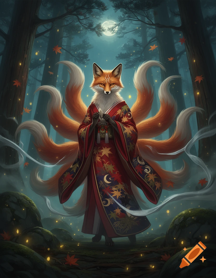 A mystical nine-tailed fox wearing a traditional red kimono stands in a glowing enchanted forest under a full moon, digital art.