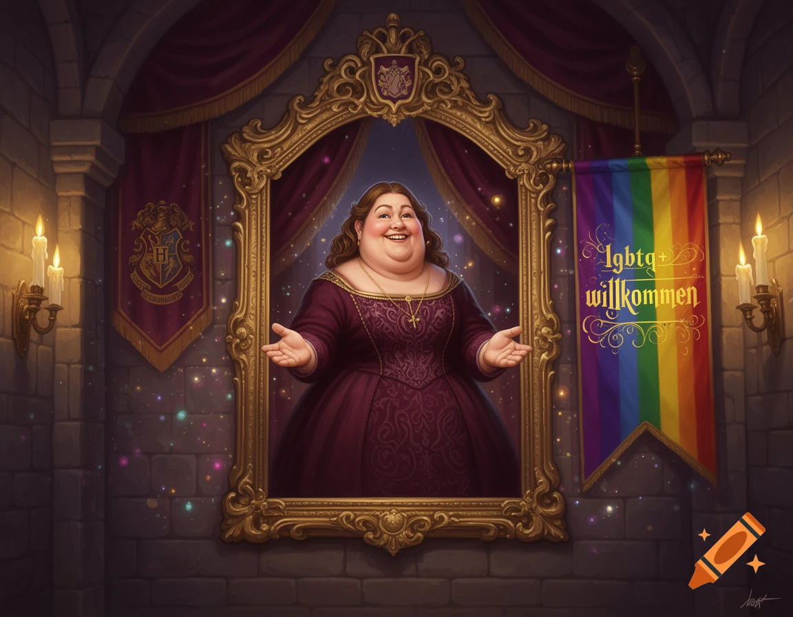 Digital illustration of the Fat Lady portrait from Harry Potter hanging on a stone wall, next to a rainbow LGBTQ+ banner.