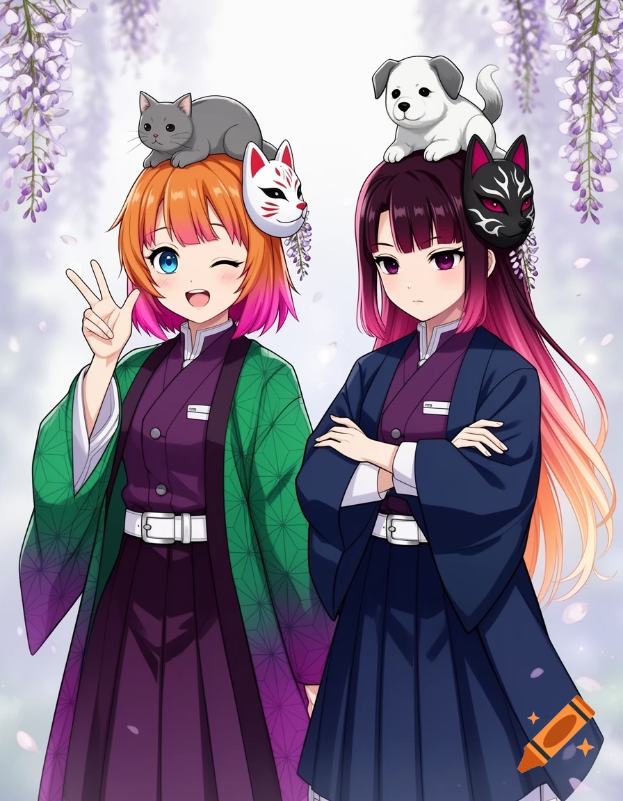 Anime illustration of two sisters in Demon Slayer uniforms, one with a cat and the other with a dog on their heads.