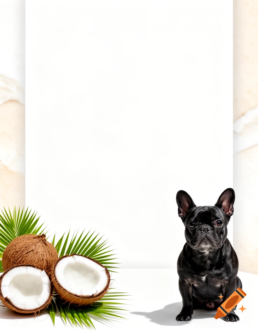 A small black French Bulldog sitting next to halved coconuts and palm leaves against a white background.
