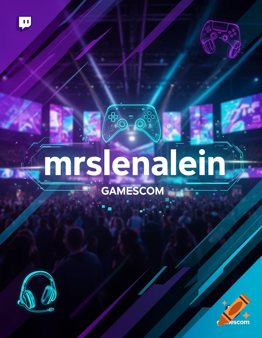 Digital poster for gamescom featuring the text mrslenalein, a gaming controller, and a crowd at an esports event.