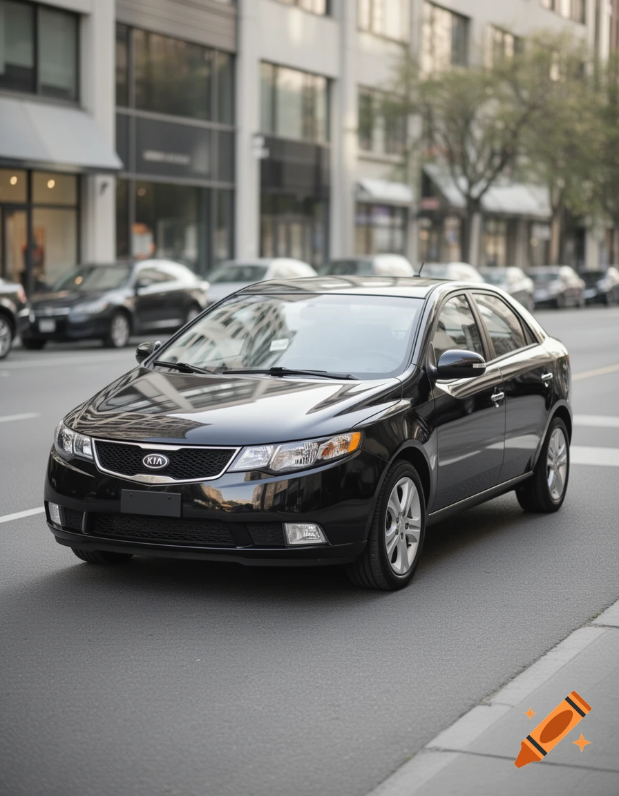 Photorealistic image of a black 2009 Kia Forte sedan parked on a city street.