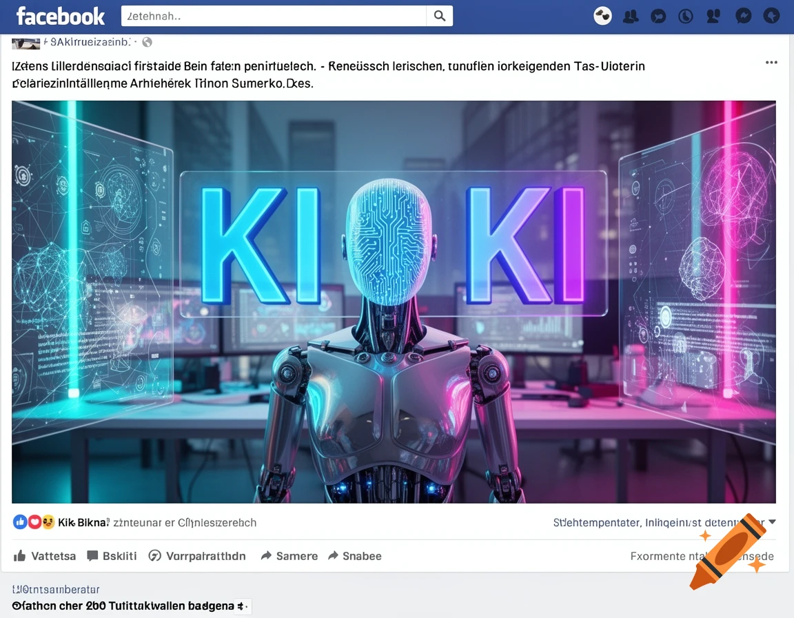 A futuristic robot with glowing blue circuit patterns on its head stands before holographic screens displaying 'KI KI' in neon text.