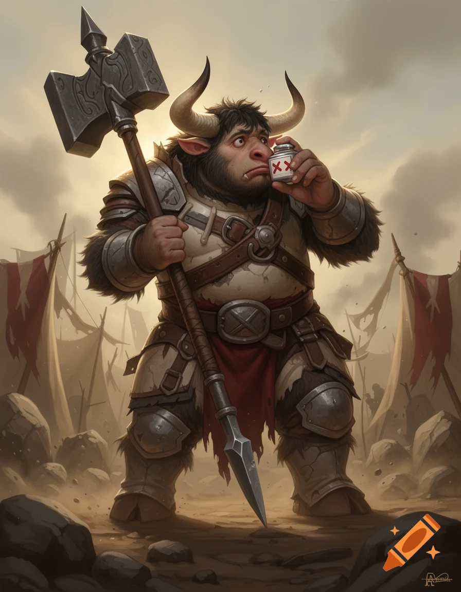Digital illustration of a young minotaur warrior in armor holding a large hammer and sniffing a jar, in a camp setting.