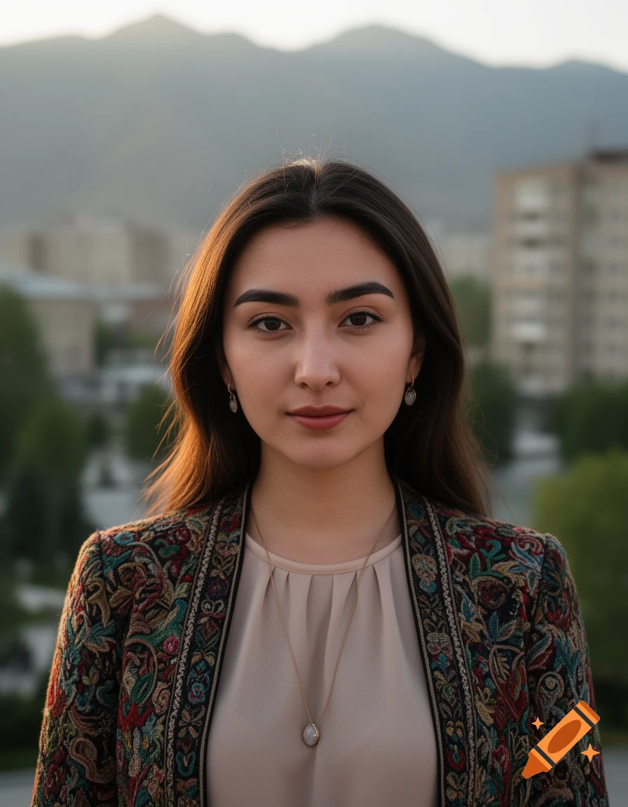 Portrait of a young Asian woman outdoors with mountains in the background, wearing a patterned jacket.