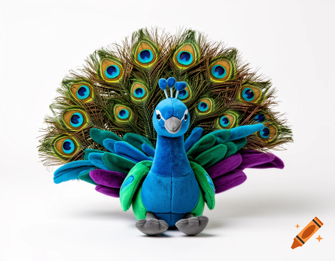 A realistic blue and green peacock plush toy sitting with its tail feathers fanned out, on a clean white background.
