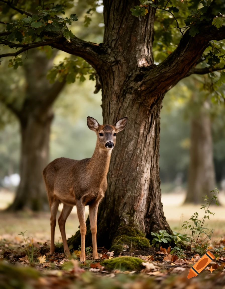 Photorealistic deer standing next to a large tree in a forest.
