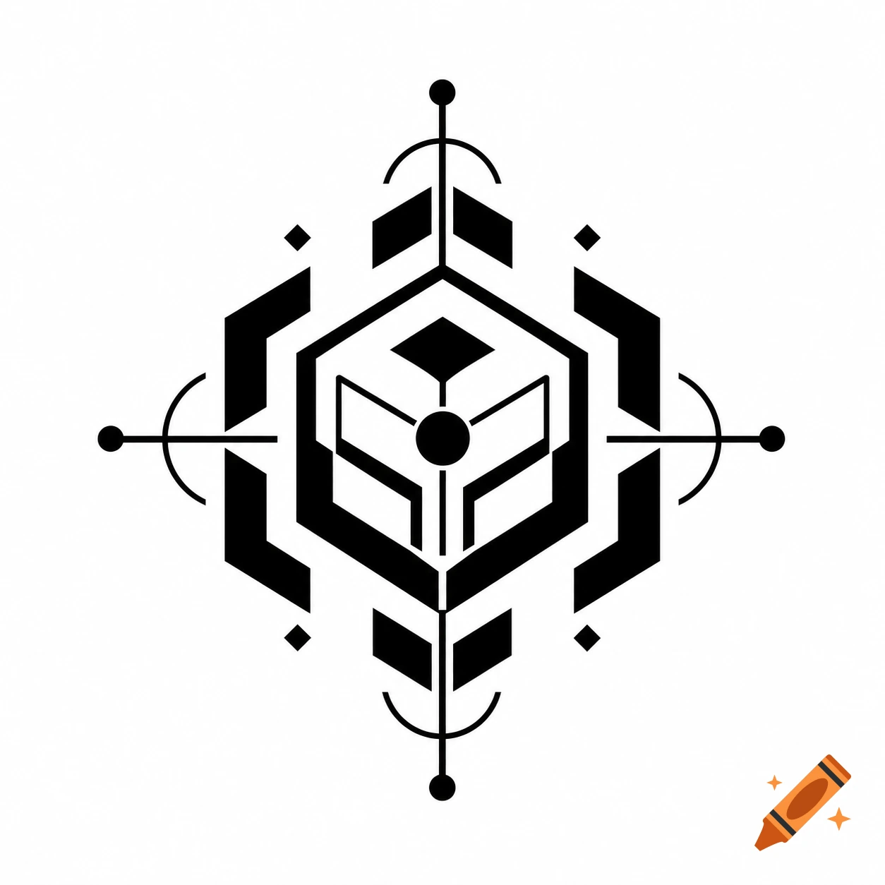 Minimalist black and white avant-garde logo with precision geometry and floating elements on a white background, 2D vector graphic style.