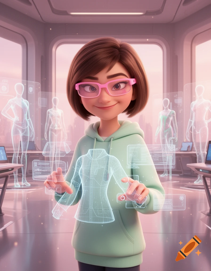 3D Pixar-style anime girl with brown hair and pink glasses wearing a mint hoodie, interacting with holographic clothing designs in a futuristic lab.