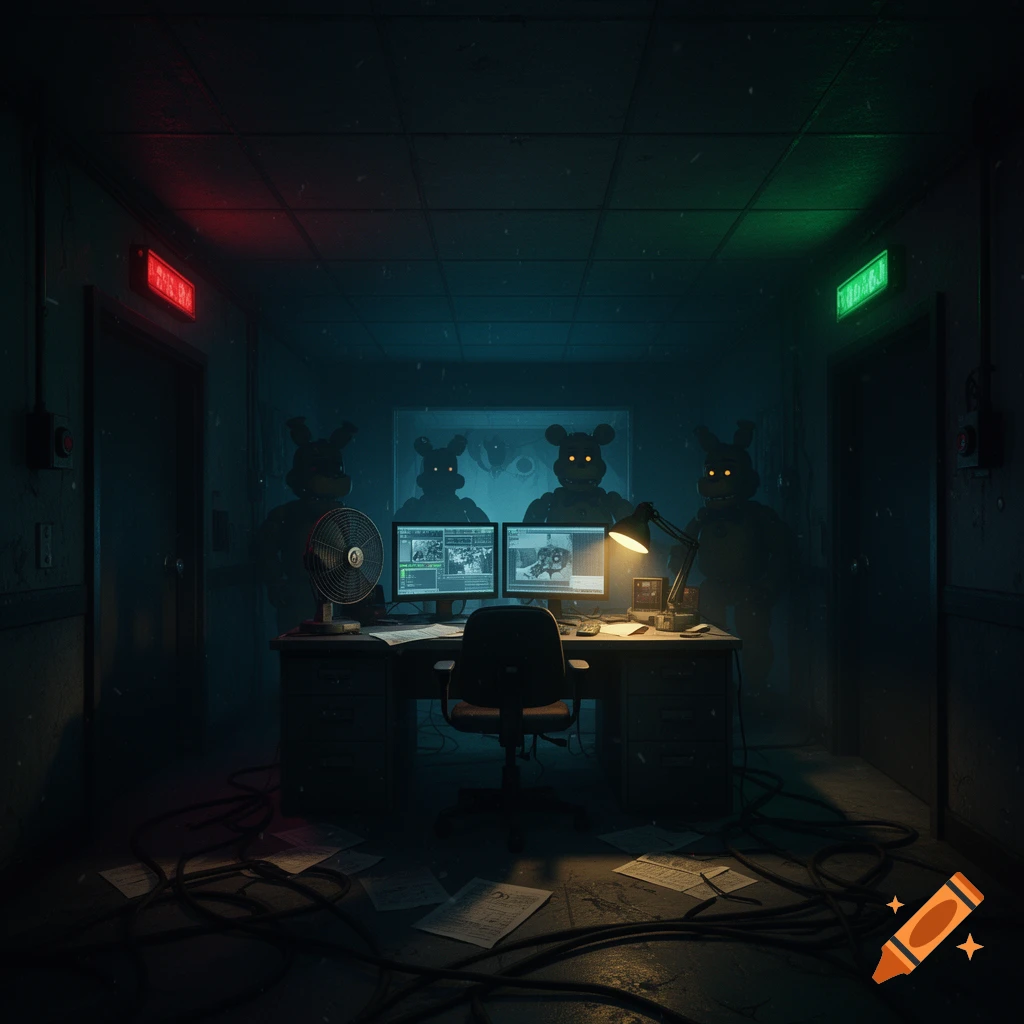 Dark security office with glowing-eyed animatronic characters standing in doorways, photorealistic horror style.