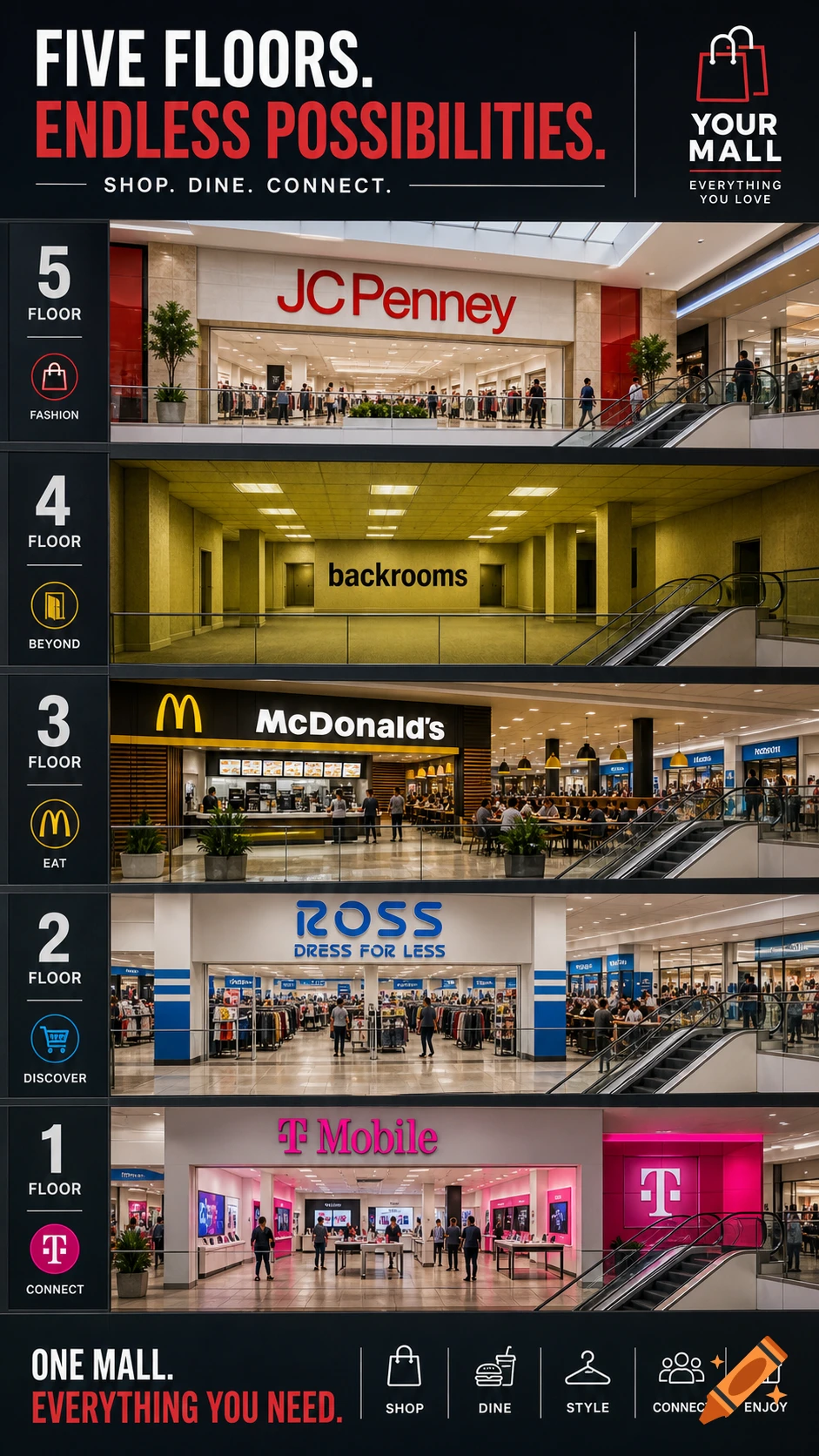 Five-story mall infographic showing stores like JC Penney, backrooms, McDonald's, Ross, and T-Mobile in a photorealistic style.