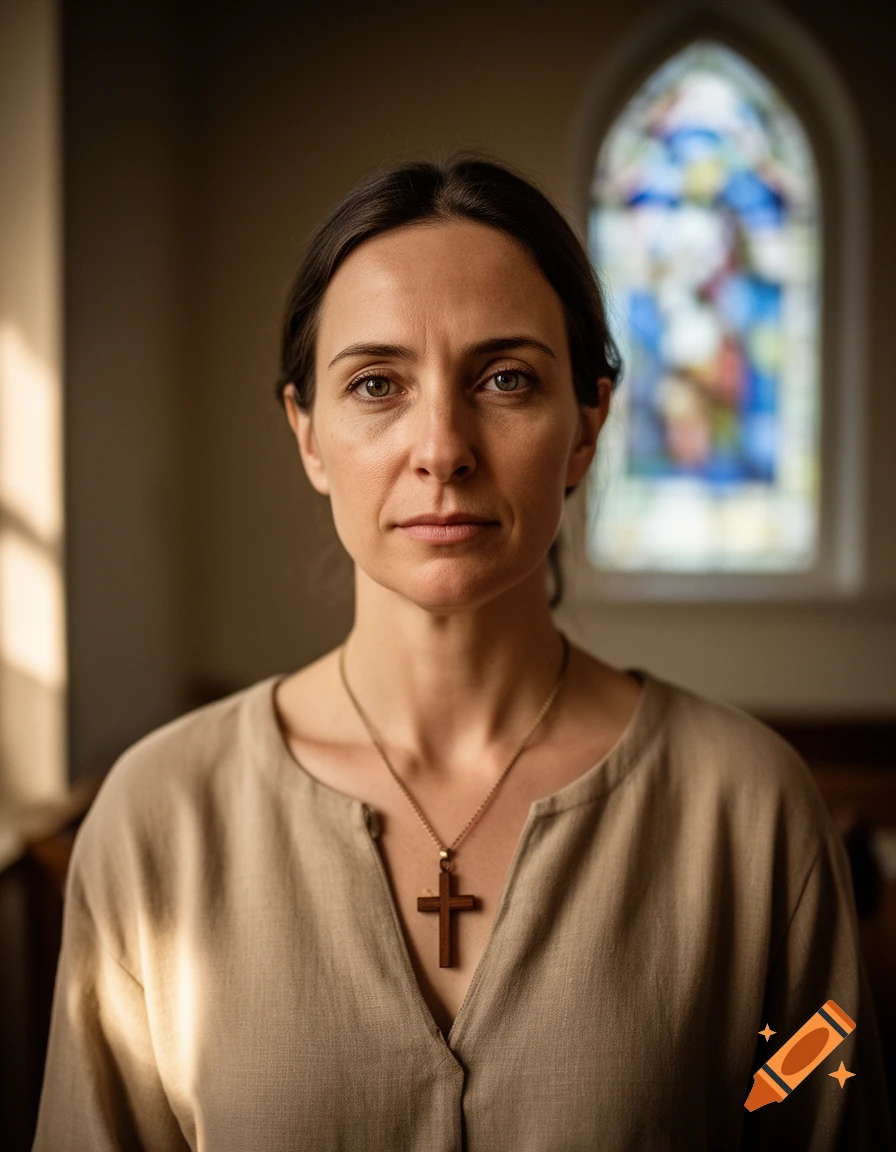 Photorealistic portrait of a woman with dark hair wearing a wooden cross necklace inside a church with a stained glass window in the background.