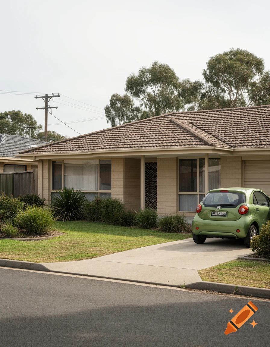 Aussie-style single-story brick house with a brown tiled roof and a small green car parked in the driveway, photorealistic.