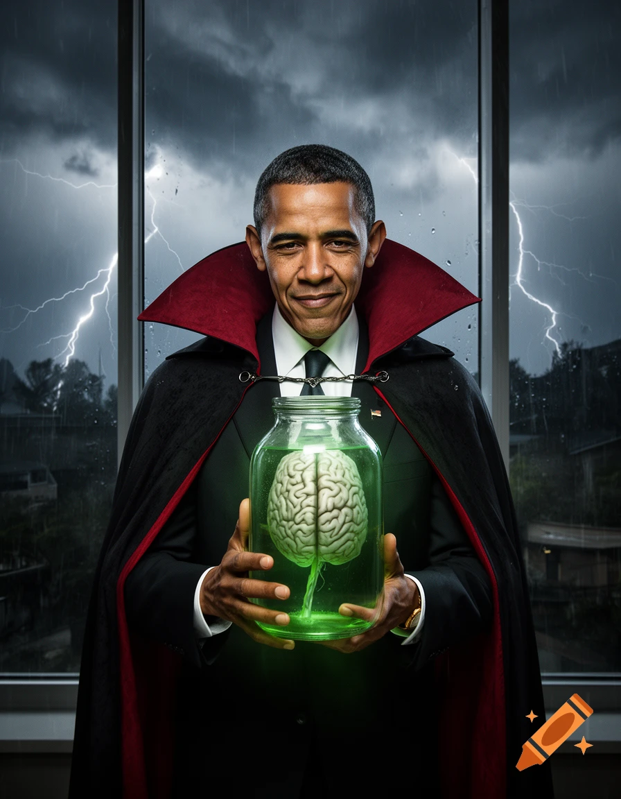 Photorealistic portrait of Barack Obama dressed as Dracula, holding a glowing green jar with a human brain inside during a thunderstorm.