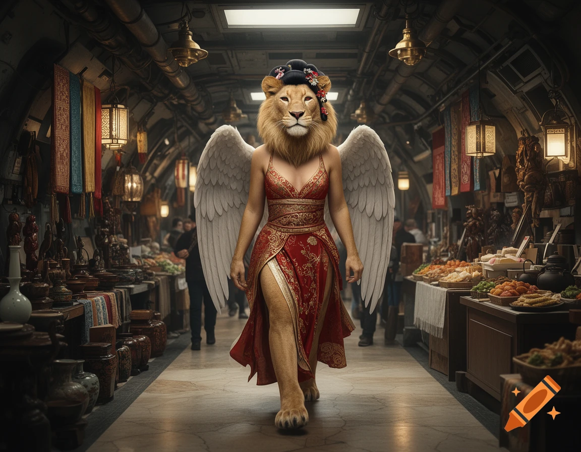 A winged sphinx with a lion's head wearing a geisha headdress and red dress walks through a crowded spacecraft marketplace. Photorealistic.