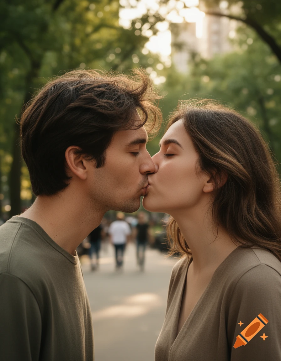 Close-up photorealistic shot of a man and a woman kissing outdoors in a park with blurred background.