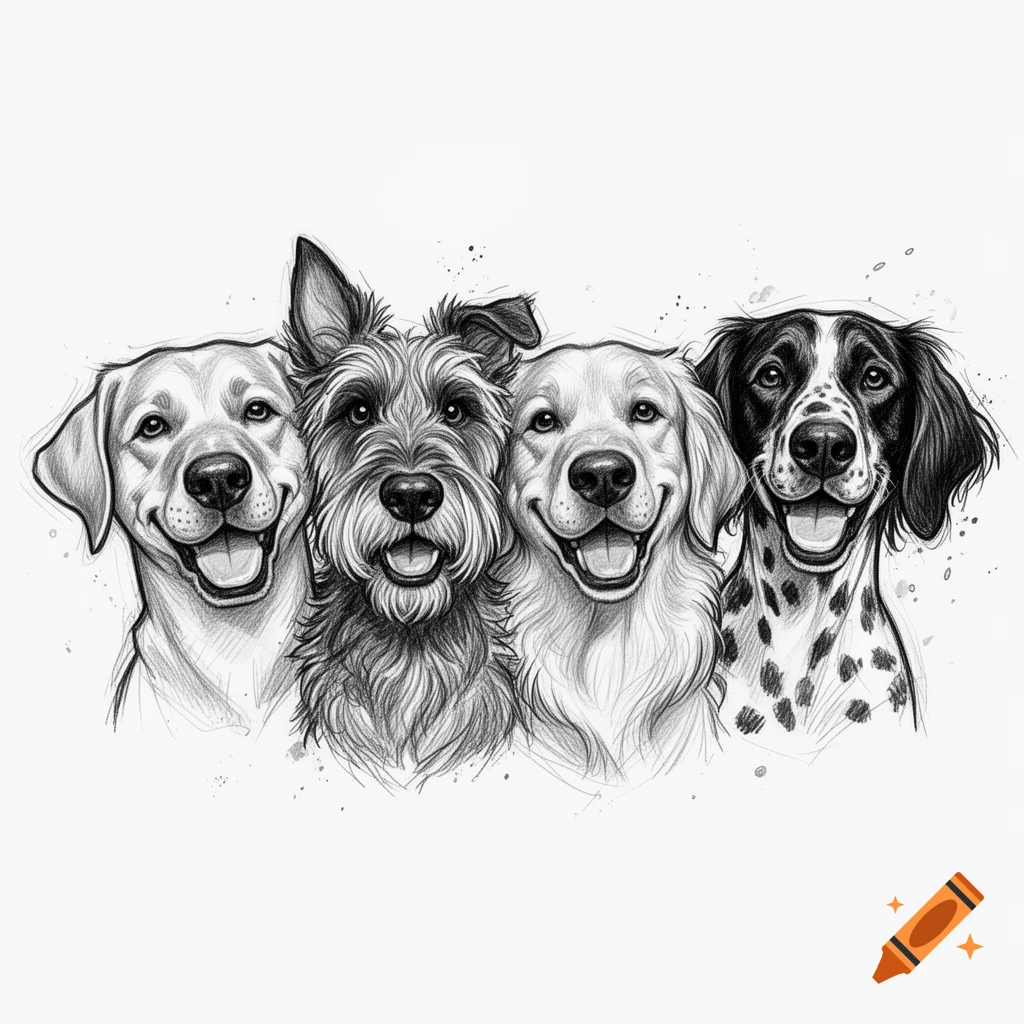 Black and white pencil sketch of four smiling dogs with their heads together, including a Labrador, Schnauzer, Golden Retriever, and Münsterländer.