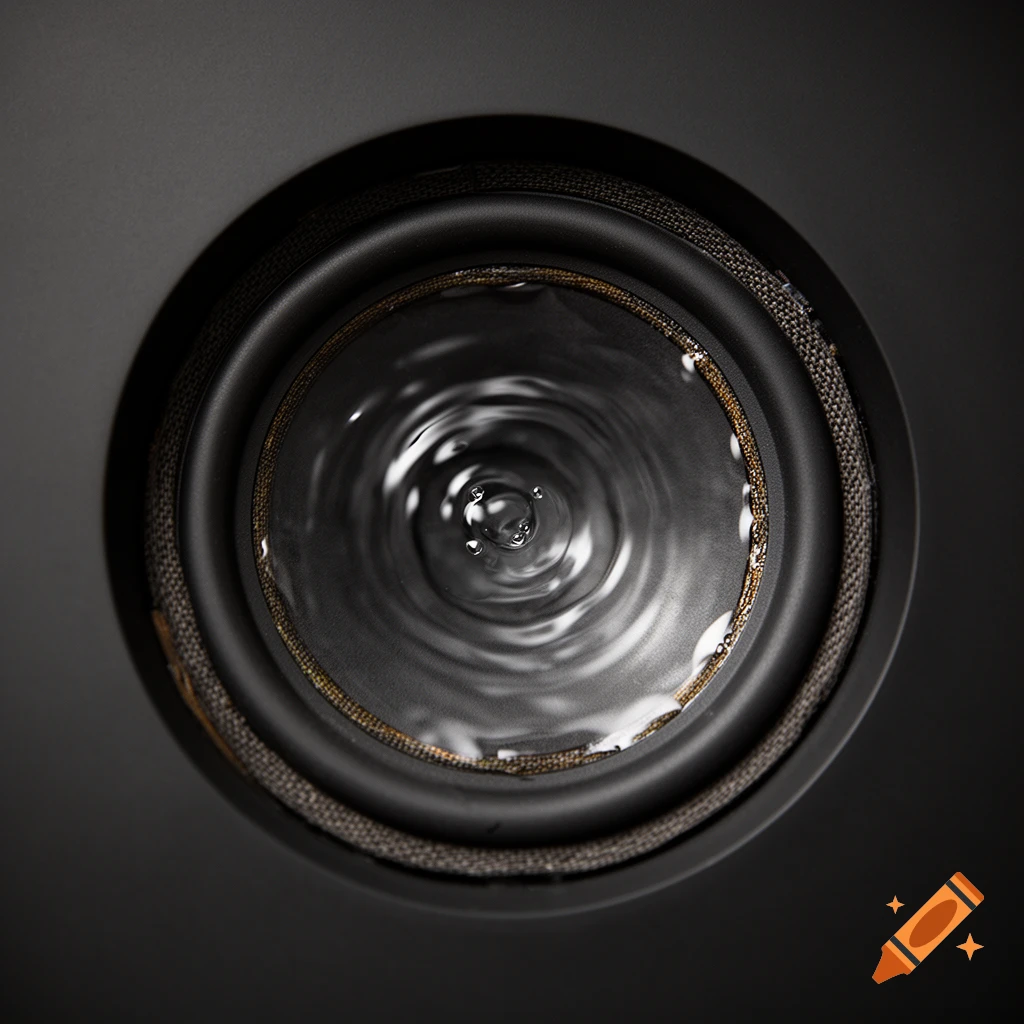 Close-up photorealistic shot of a loudspeaker membrane functioning as a water surface with concentric waves and ripples.