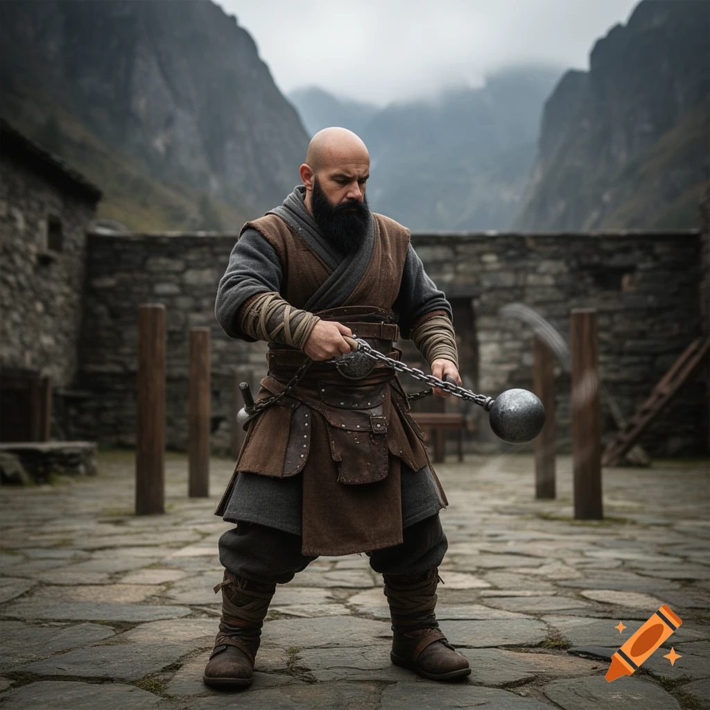 Photorealistic image of a bald dwarven monk with a black beard wielding a meteor hammer in a stone courtyard.