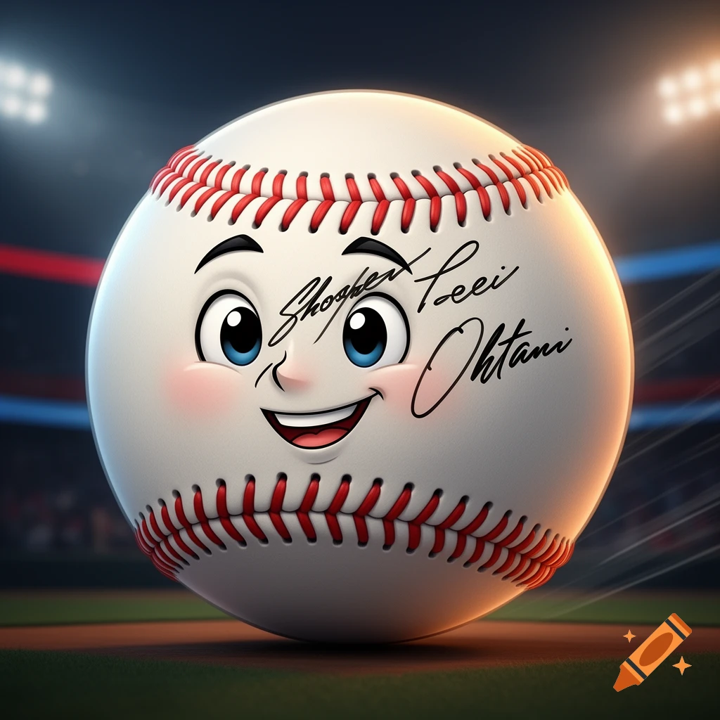 3D cartoonish baseball with a friendly face, blush, and scribbled signature on its surface in a stadium setting.