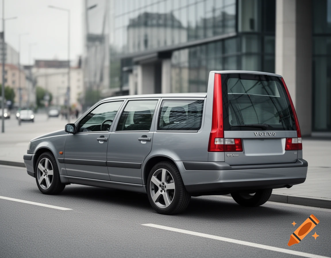 Photorealistic side-rear view of a modern silver Volvo station wagon parked on a city street.