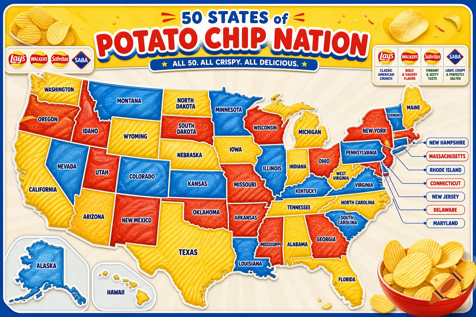 A stylized map of the United States shaped like ridged potato chips, with each state labeled and colored.
