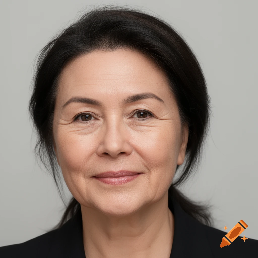 Close-up photorealistic portrait of an older woman with dark hair and a neutral expression, wearing a black blazer.