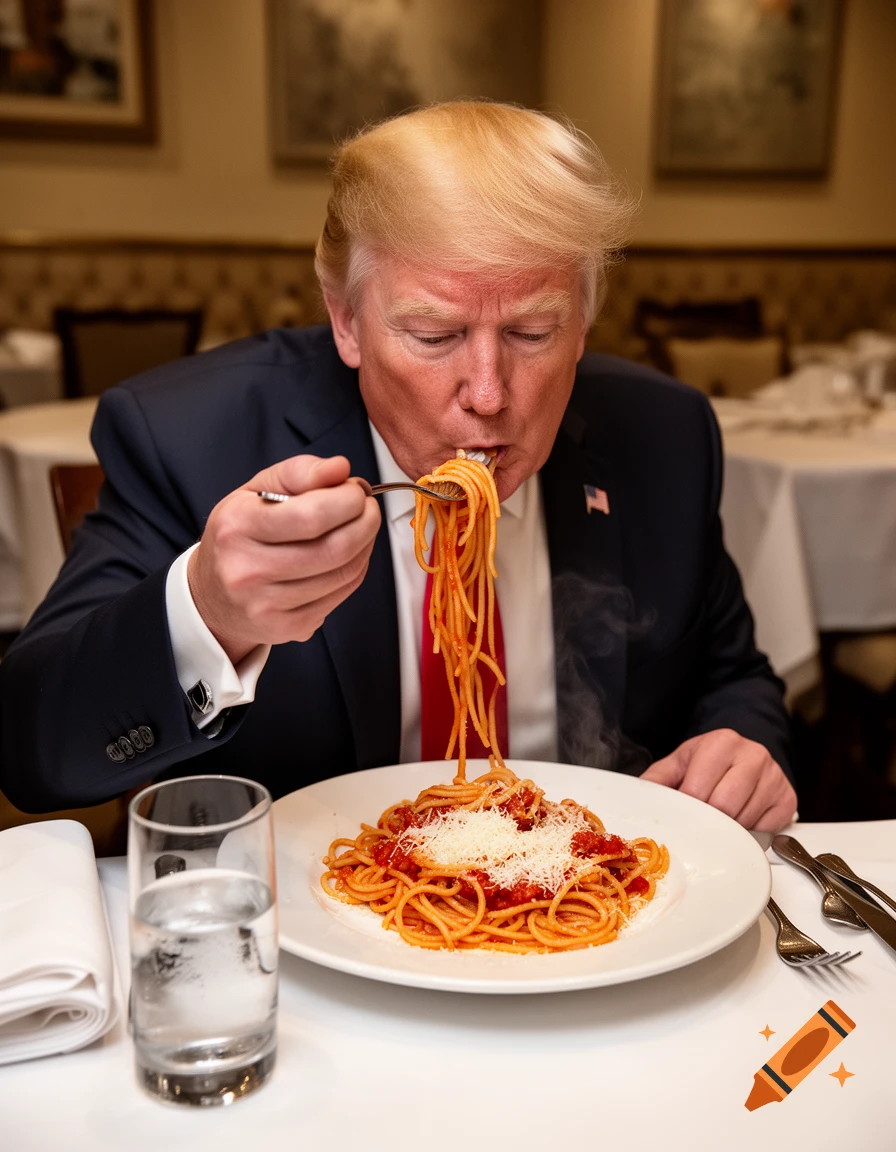 Photorealistic image of Donald Trump eating a large plate of spaghetti with tomato sauce and cheese in a restaurant.